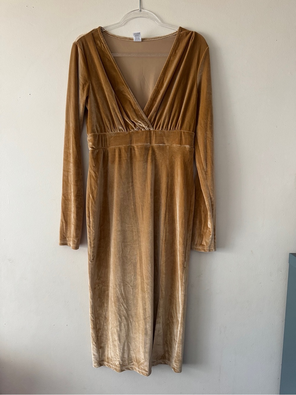 Velvet Surplice Long Sleeve Midi Dress in Camel